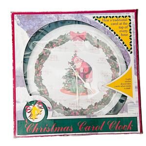 Mark Feldstein Christmas Wall Clock 1999 Musical Carols Santa Wreath 13”